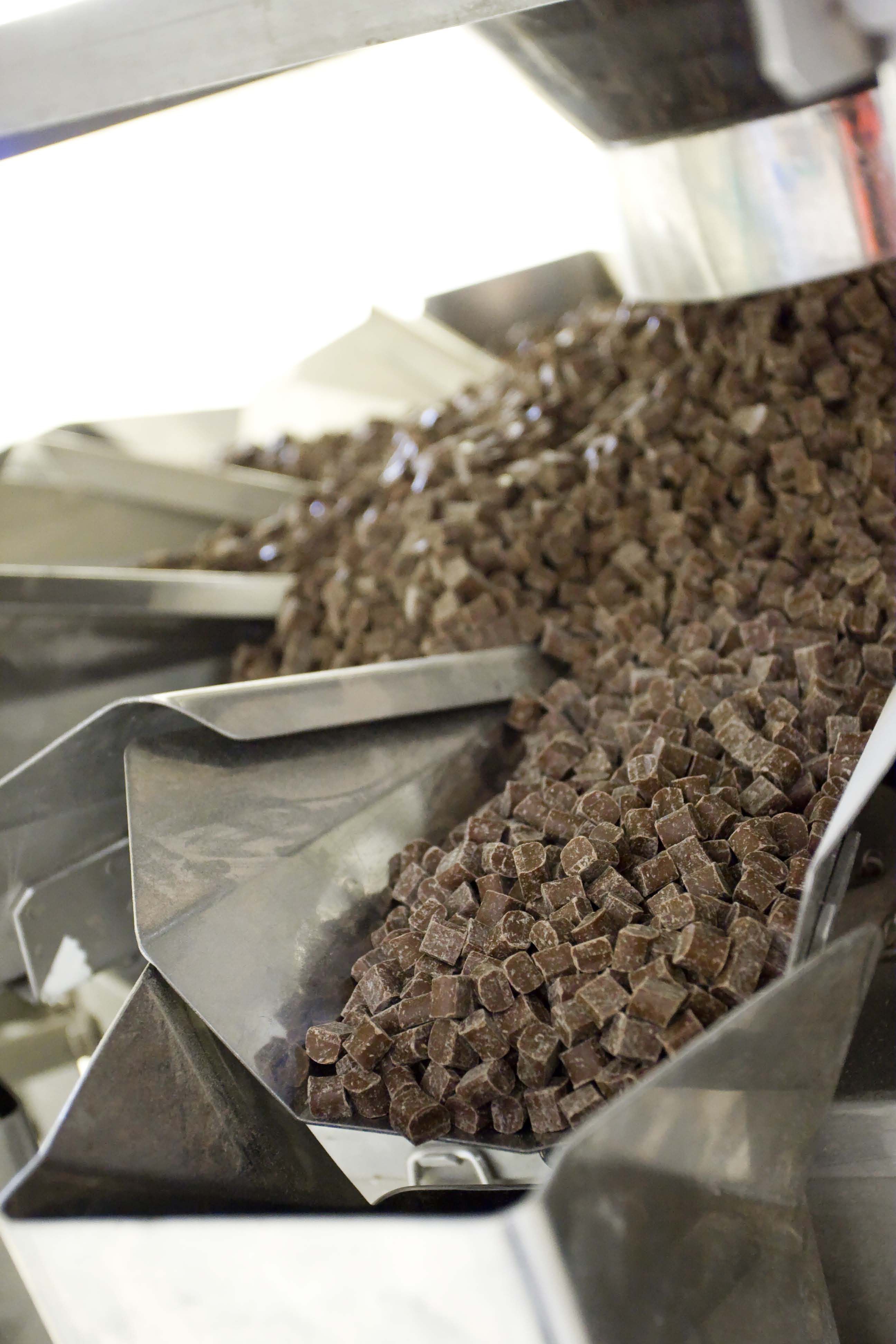 Image of chocolate chunks running down a production line.