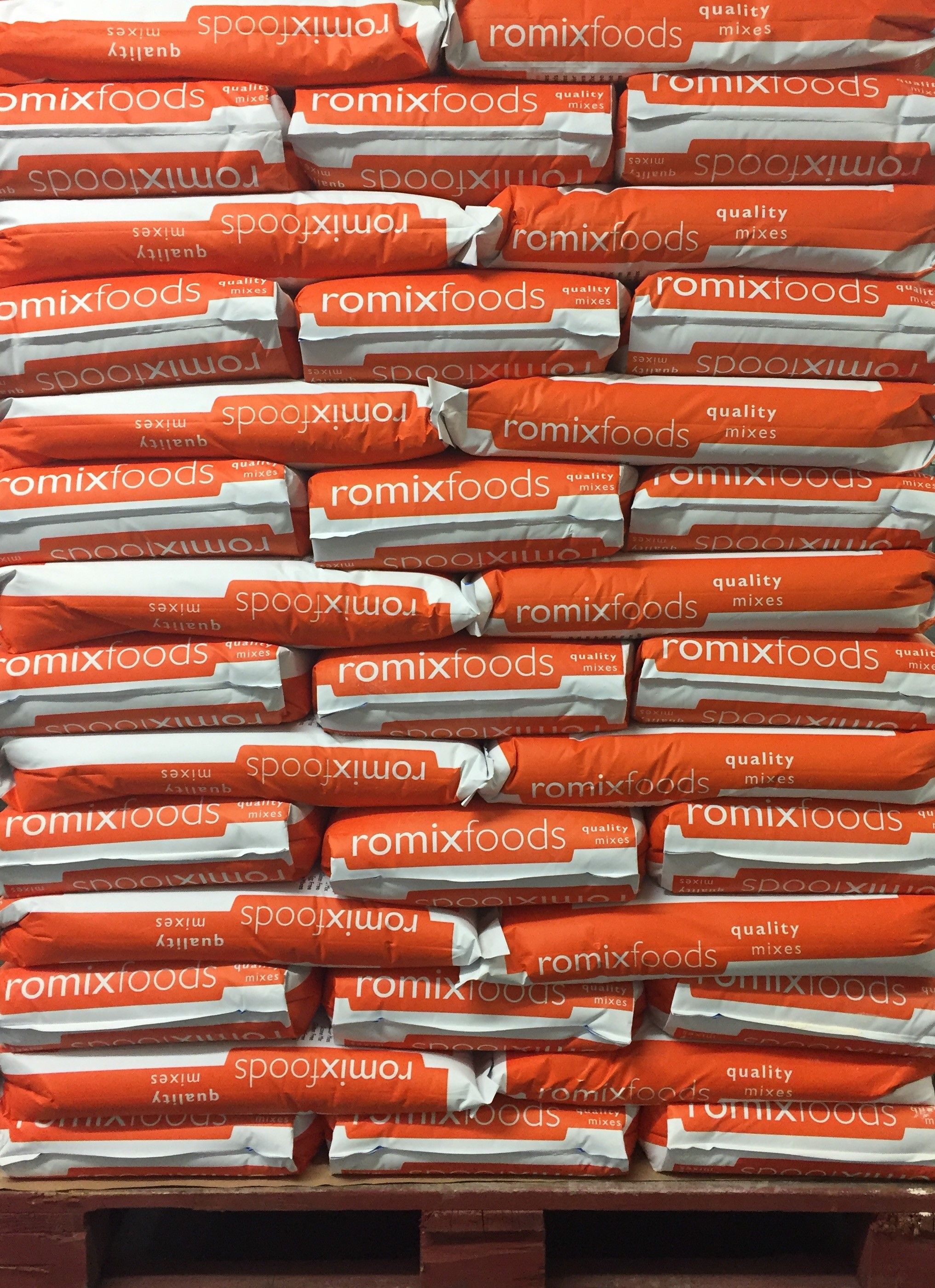 Picture of a stacked pallet of Romix Foods cake mix
